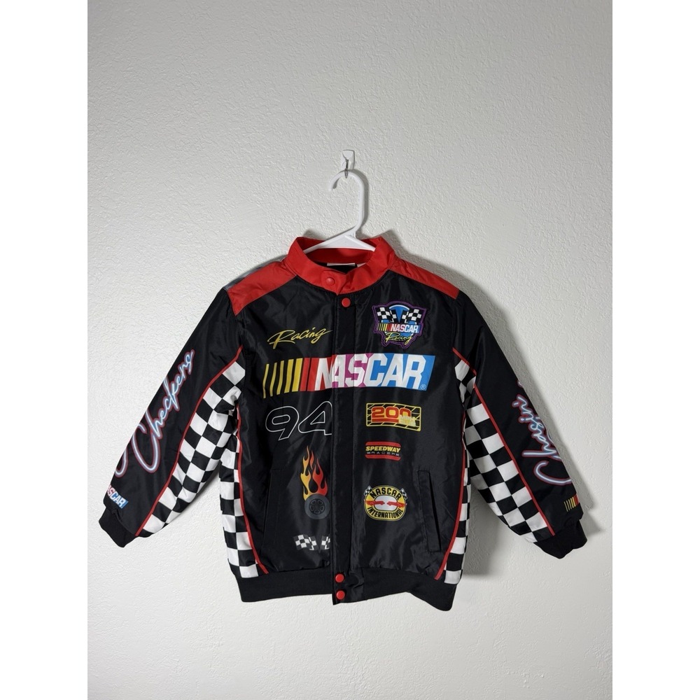 Nascar Boys Bomber Jacket Size 10/12 Black Checkered Racing